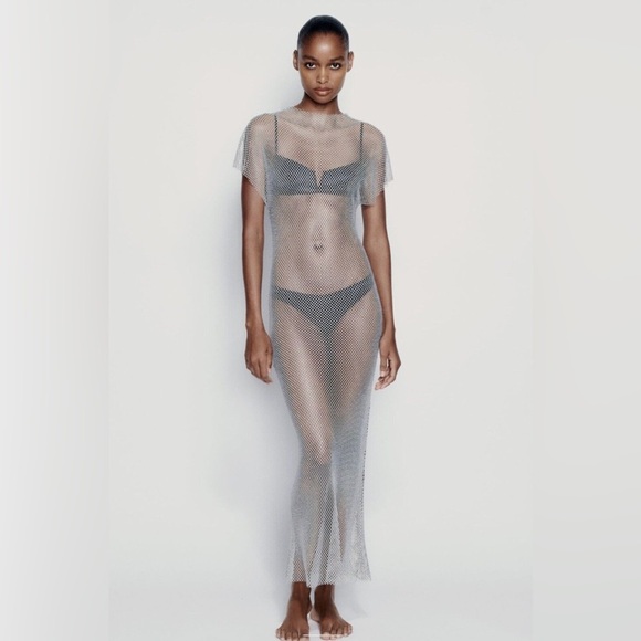 ZARA Rhinestone Mesh Midi Dress - Picture 1 of 8